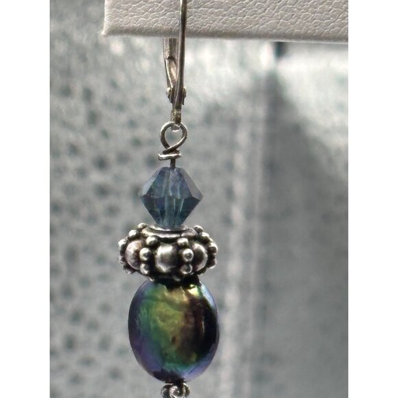 Silver 925 Earrings Iridescent Coin Pearl Drops & Aurora Borealis Beads Elegant - Picture 3 of 6